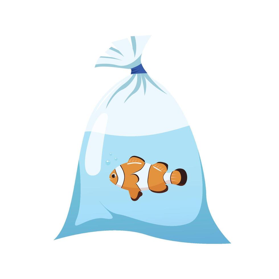 Vector fish in a plastic bag with water, exotic fish, clown fish, aquarium fish in a bag