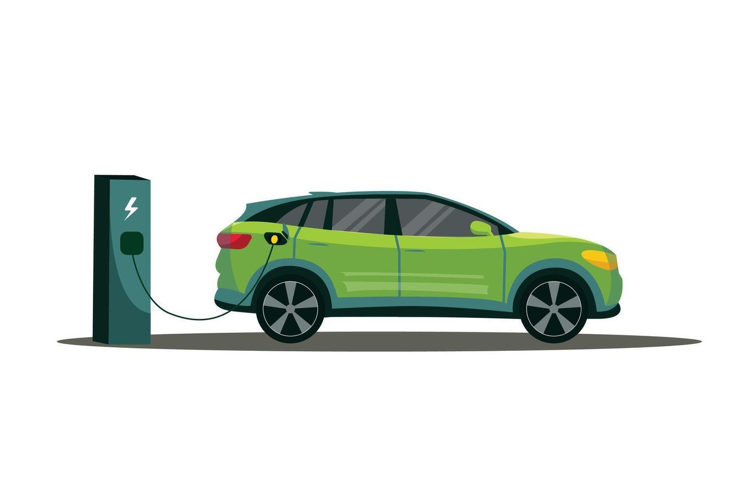 vector verde eléctrico coche cargando, cargando estación concepto. vector dibujos animados plano elementos