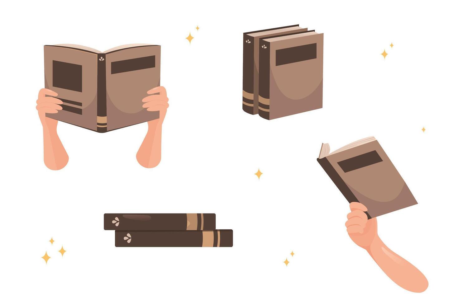 Vector set of hands holding books, cartoon men and women reading literature, isolated open and closed books