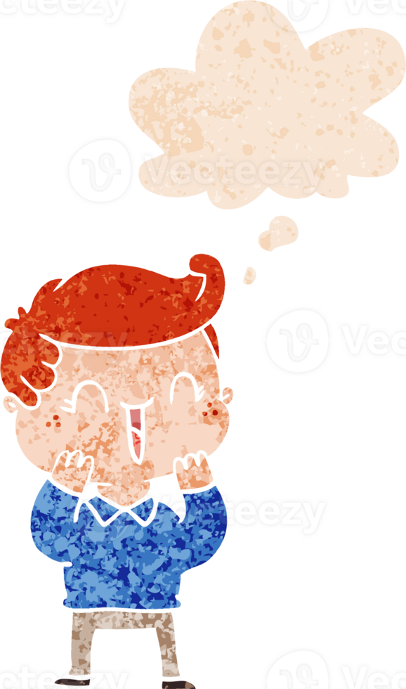 cartoon laughing boy with thought bubble in grunge distressed retro textured style png