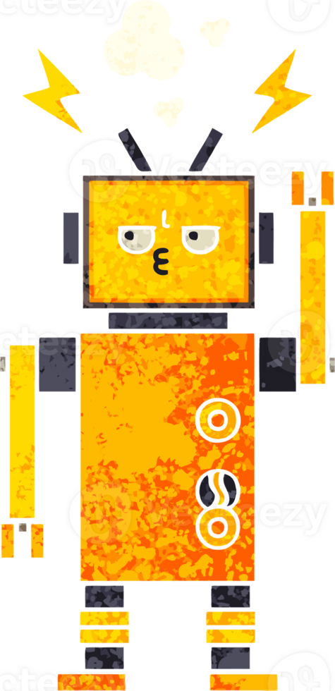 retro illustration style cartoon of a malfunctioning robot png