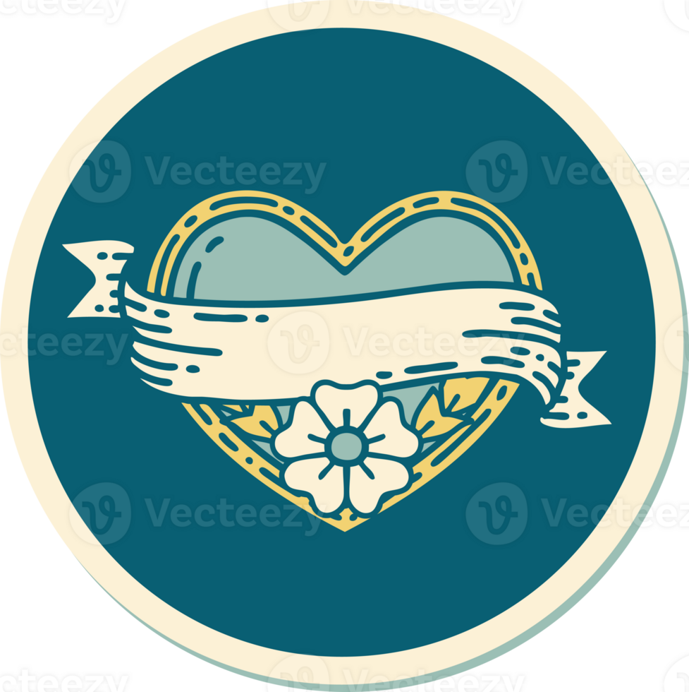 sticker of tattoo in traditional style of a heart and banner with flowers png