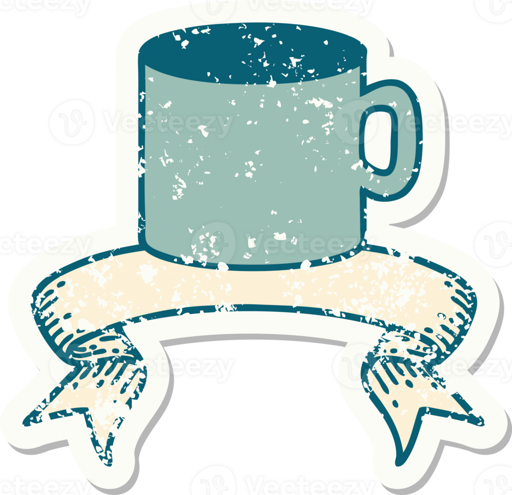 worn old sticker with banner of cup of coffee png