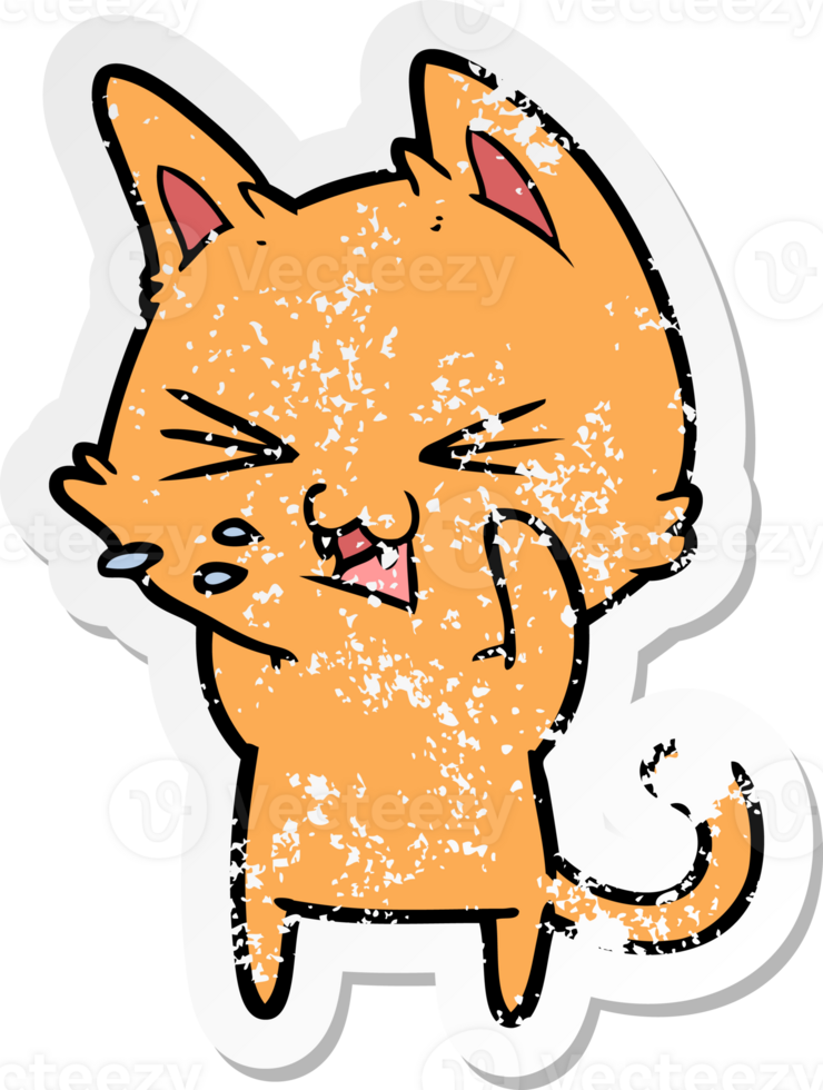 distressed sticker of a cartoon cat hissing png