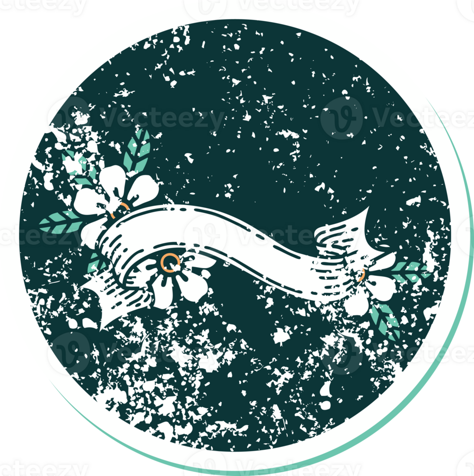 iconic distressed sticker tattoo style image of a banner and flowers png