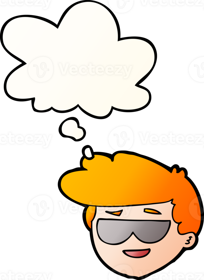 cartoon boy wearing sunglasses with thought bubble in smooth gradient style png