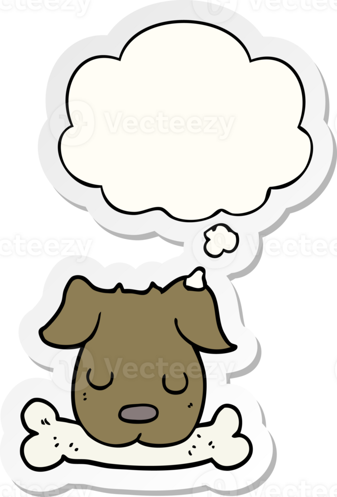 cartoon dog with bone with thought bubble as a printed sticker png