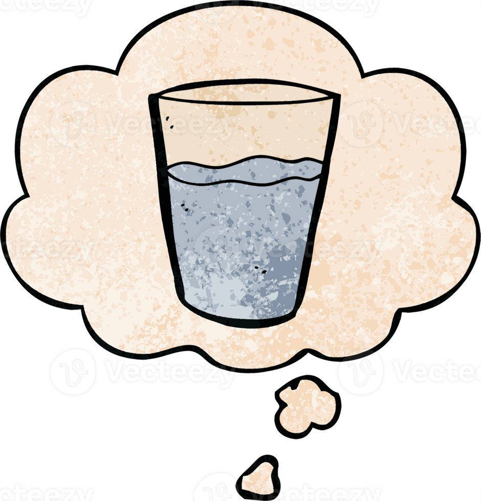cartoon glass of water with thought bubble in grunge texture style png