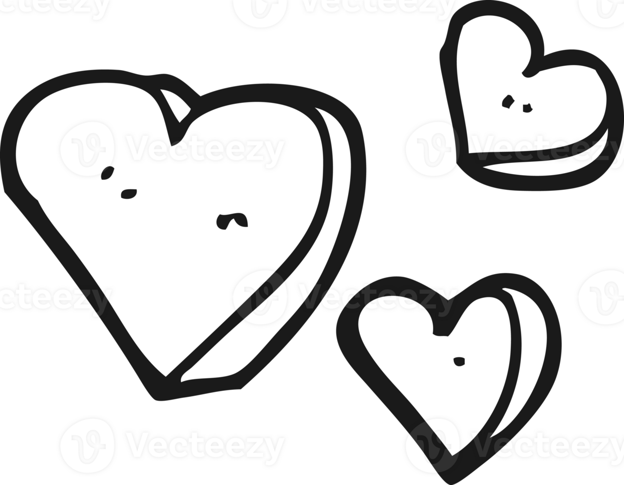 hand drawn black and white cartoon hearts png