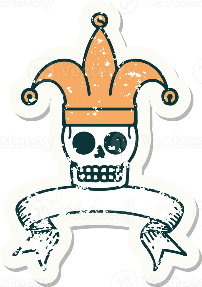 worn old sticker with banner of a skull jester png