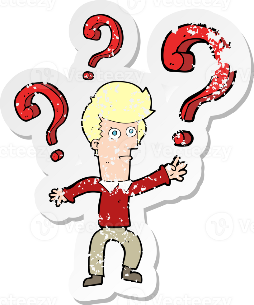 retro distressed sticker of a cartoon confused man png