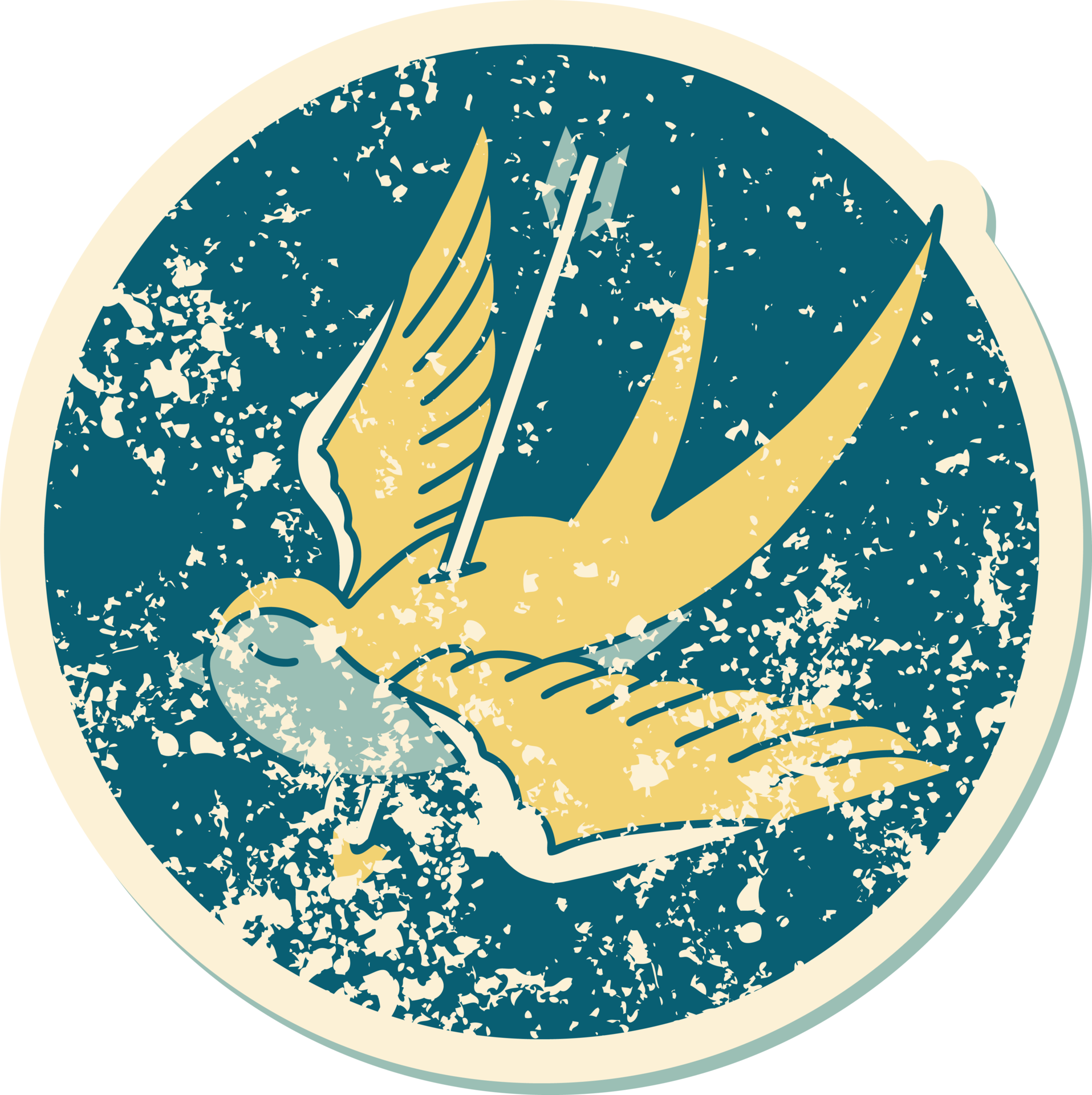 iconic distressed sticker tattoo style image of a swallow shot through