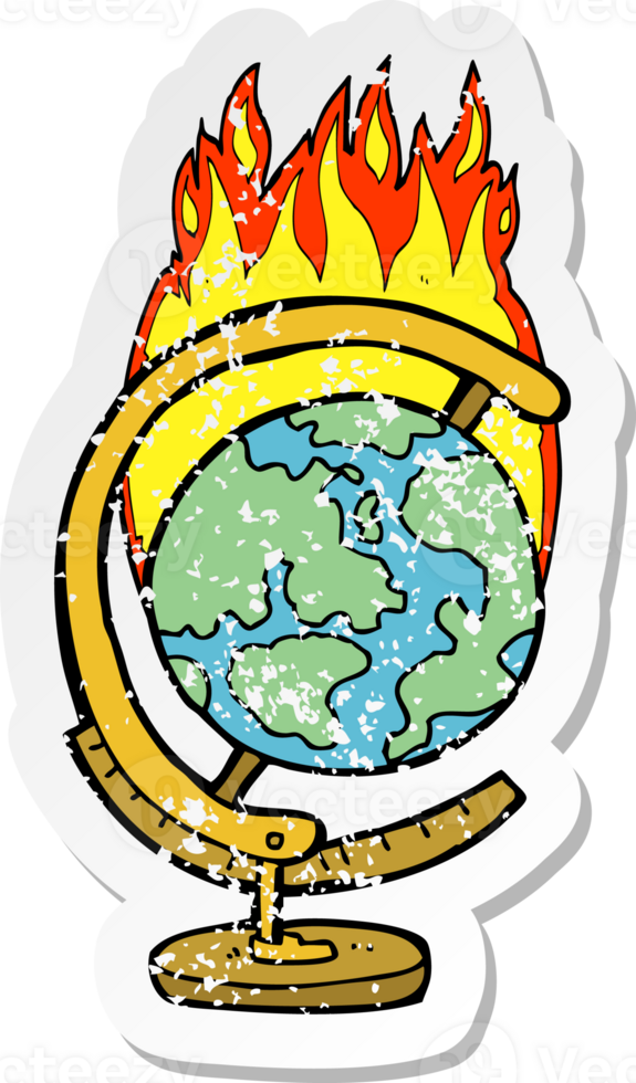 retro distressed sticker of a cartoon burning globe png