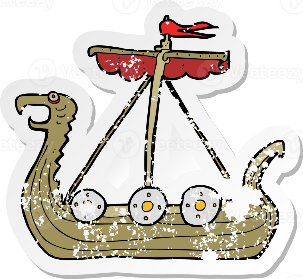 retro distressed sticker of a cartoon viking ship png