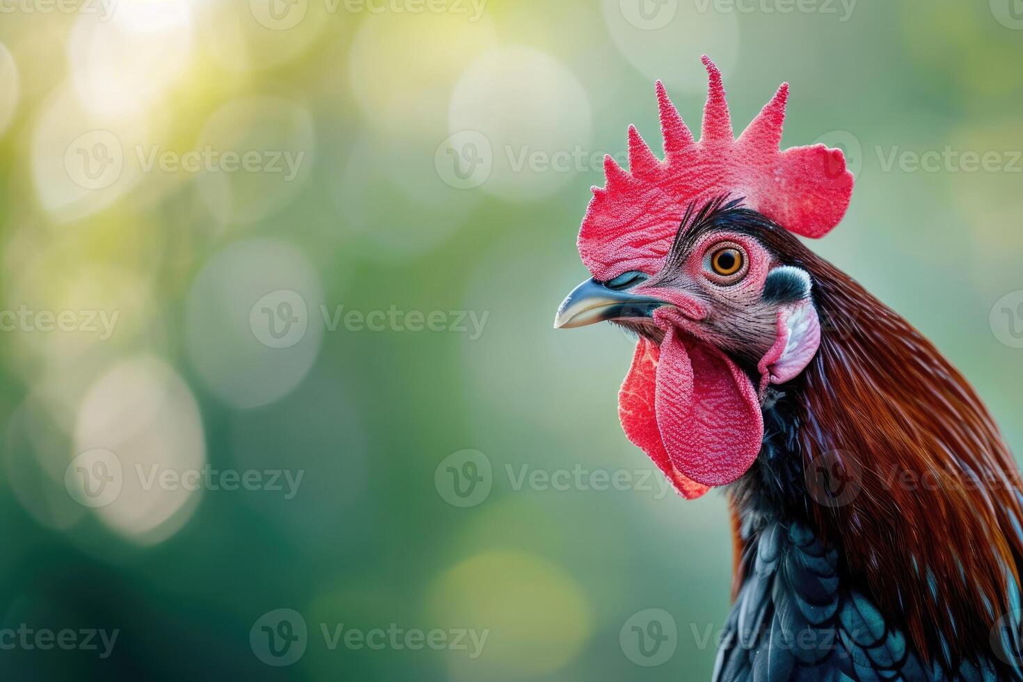 AI generated A detailed close-up of a rooster with a vibrant red comb and wattle, set against a soft green bokeh background photo
