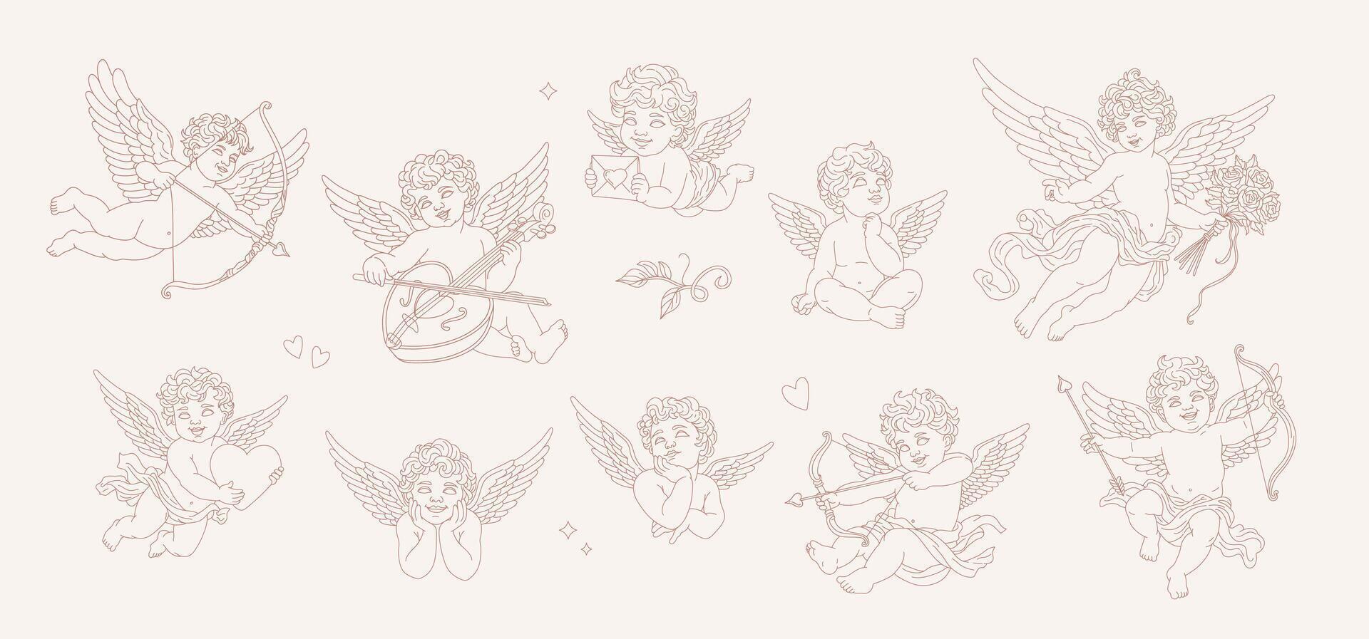 Clásico querubín contornos y línea Arte para san valentin día, aislado Cupido bebé griego estatuas en contorno estilo. retro pequeño ángeles colección vector