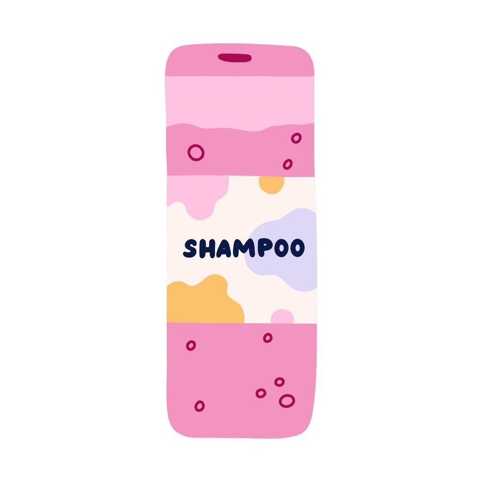 Cute hand drawn shampoo with abstract label. Pink bath and shower cosmetic for washing hair. Plastic bottle of shampoo for haircare. Simple doodle in cartoon style isolated on white vector