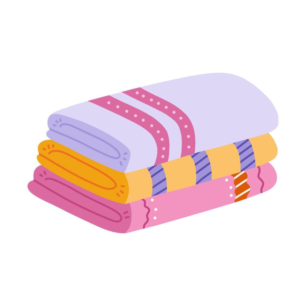 Cute hand drawn stack of folded towels for shower and bathe. Bath rolled towels from fabric and microfiber, bathroom textile, hygiene accessory. Simple funny cartoon clipart isolated on white. vector