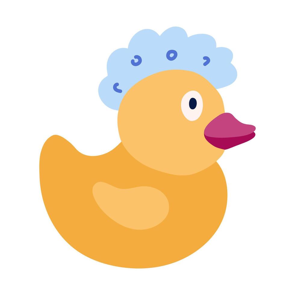 linda amarillo bañera Pato con un burbuja en el cabeza. dibujado a mano garabatear de Pato juguete para jugando durante tomando un ducha y bañarse. sencillo gracioso clipart en dibujos animados plano estilo aislado en blanco vector