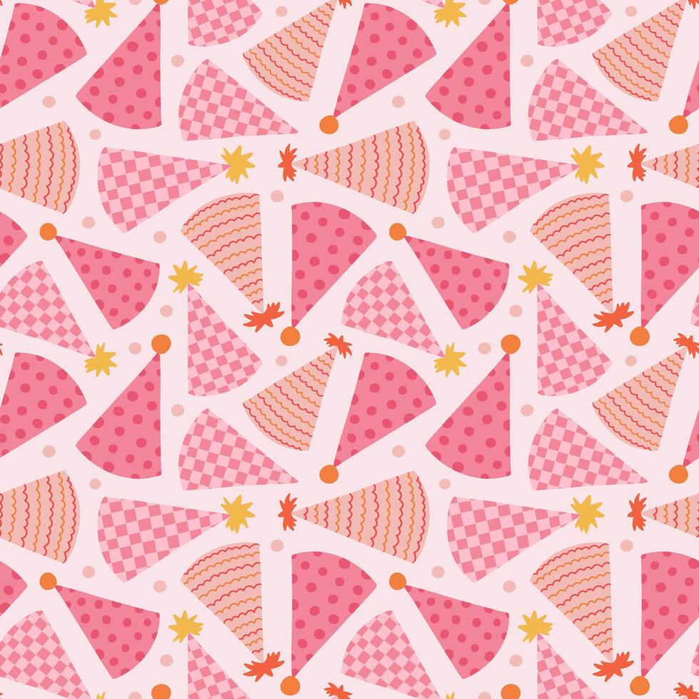 Cute seamless pattern with birthday party hats in groovy style. Childish design with holiday caps for wrapping paper, prints, background, fabric, scrapbook. Bright holiday digital paper for kids. vector