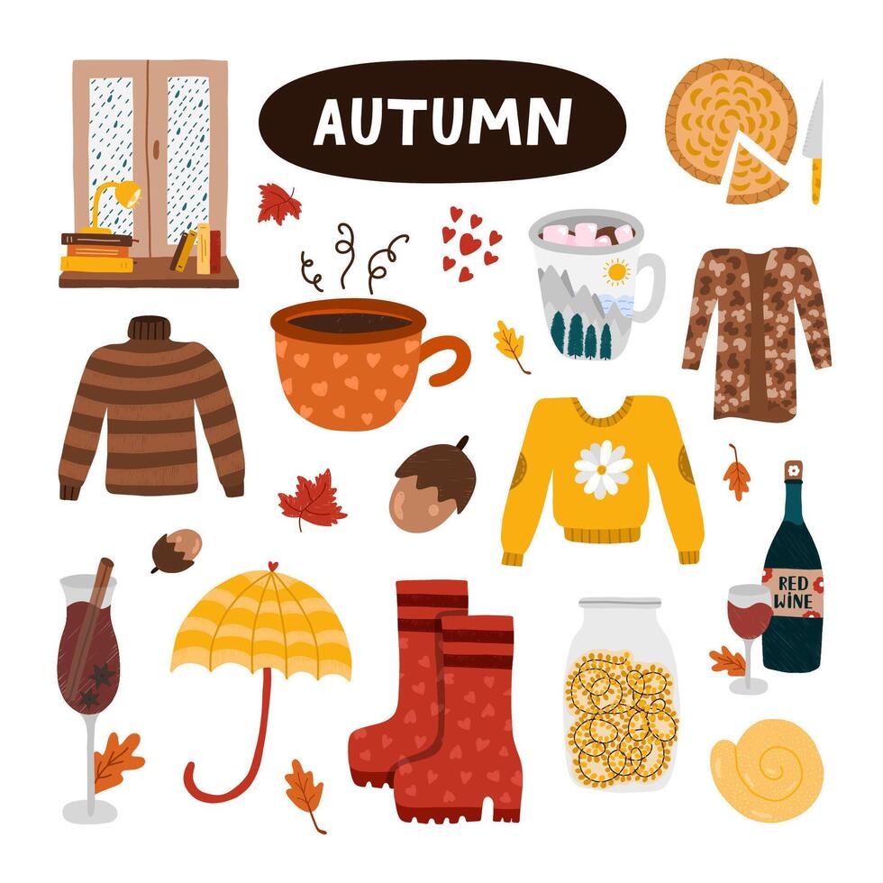 moderno conjunto de linda y acogedor ilustración con rojo otoño aislado en antecedentes vistoso otoño en moderno estilo. mano dibujado vector clipart de estacional ropa, zapatos, alimento, bebidas, hogar decoración.