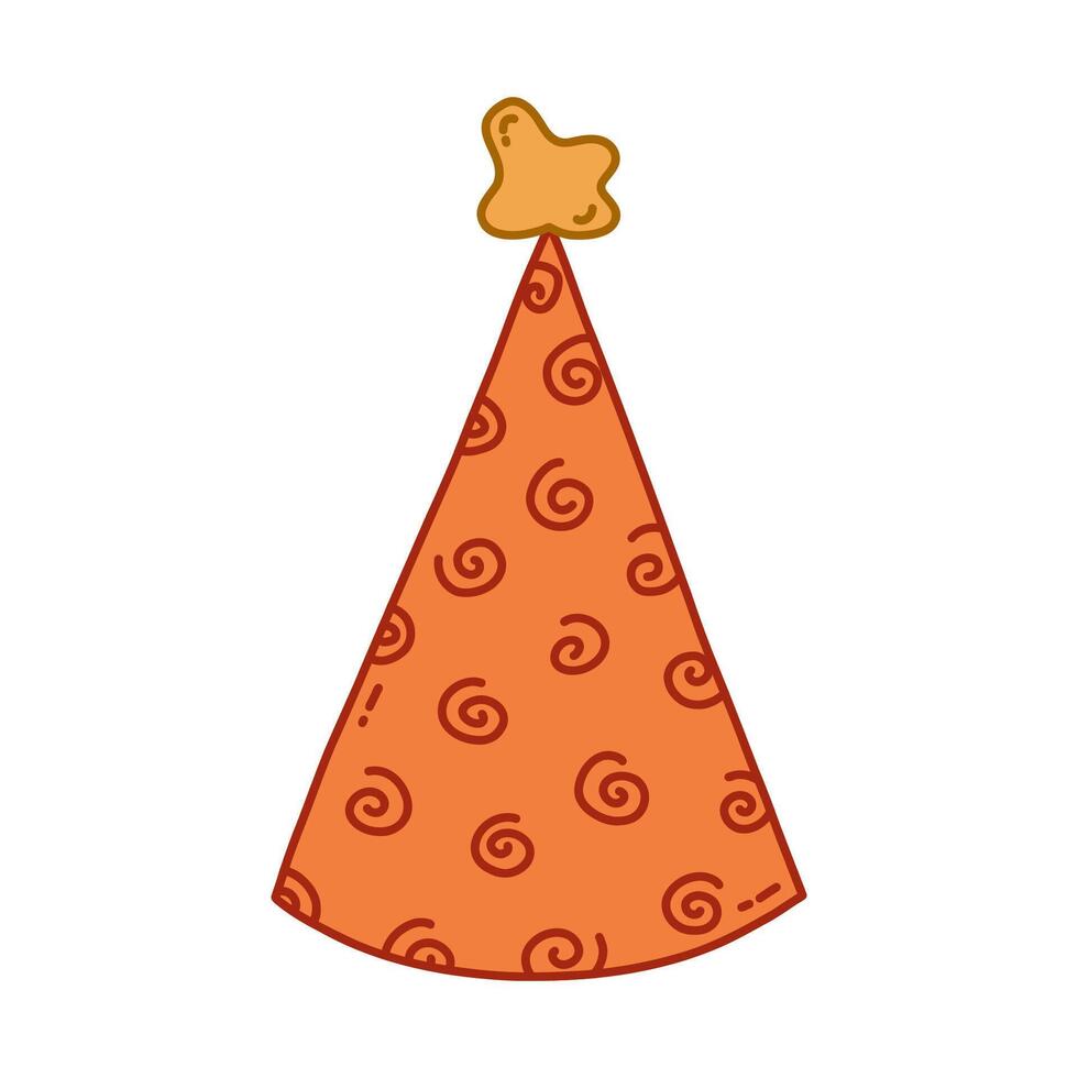 Birthday party hat in bright color with pompon above. Party cone and Christmas cap with cute decoration. Simple vector colorful doodle with hand drawn outline isolated on white background