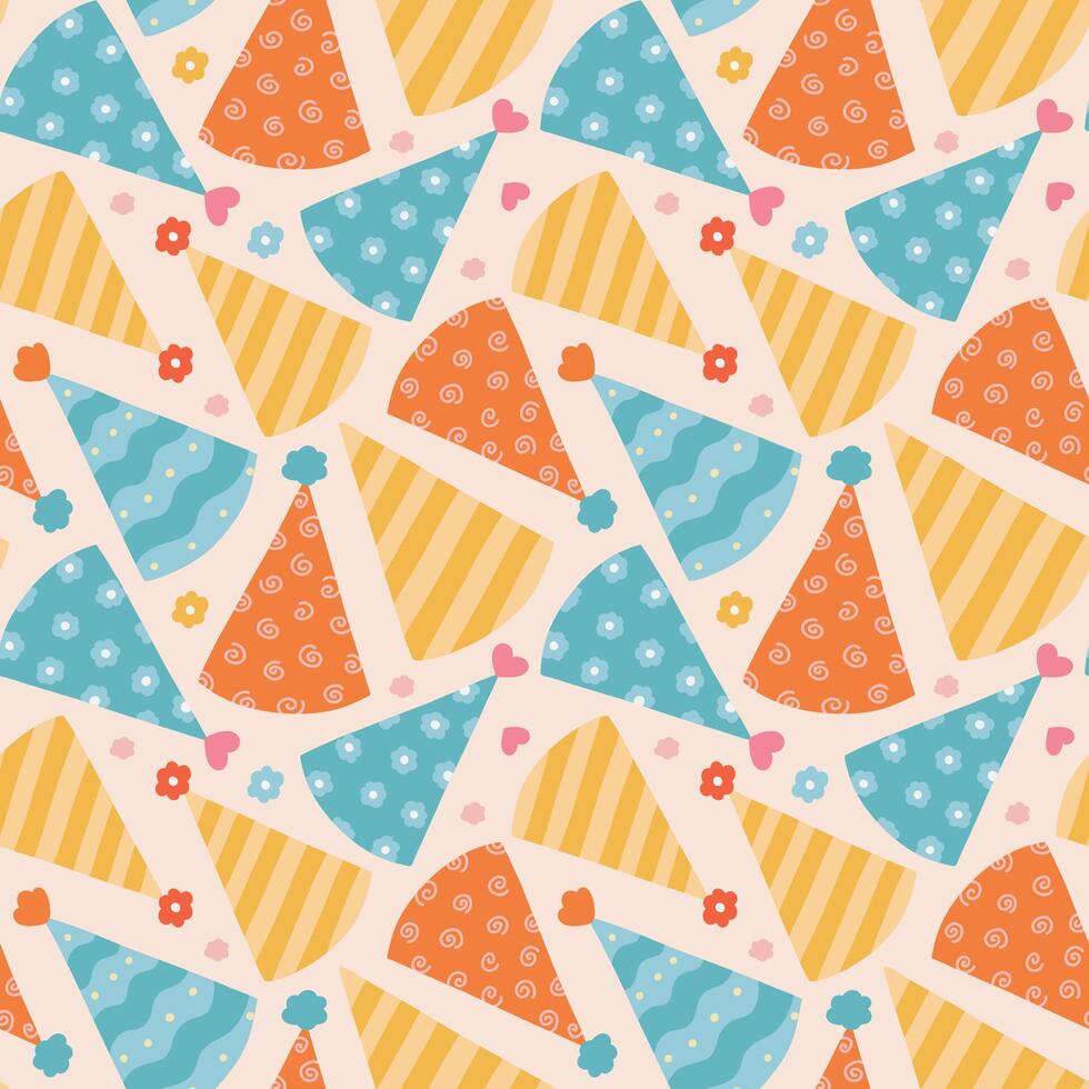 Cute seamless pattern with birthday party hats in groovy style. Childish design with holiday caps for wrapping paper, prints, background, fabric, scrapbook. Bright holiday digital paper for kids. vector
