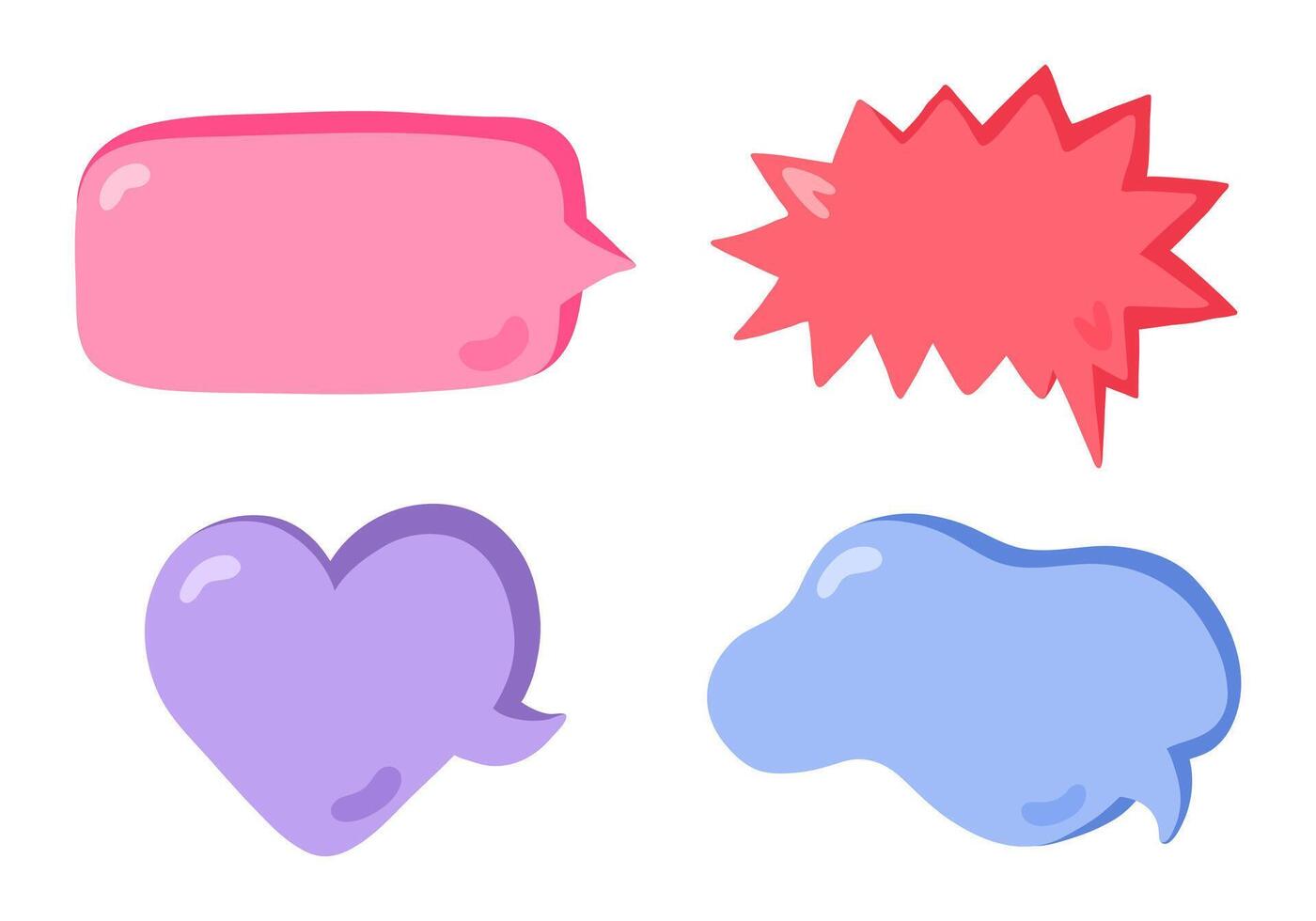 Hand drawn speech bubbles set. Empty online chat clouds in the different shapes. Oval, round, square, cloud, heart shaped bubbles for text, talk phrases, information. Colorful doodles isolated. vector