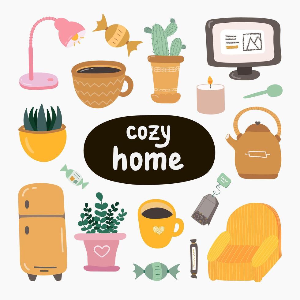 Set with hand drawn clipart of cozy home. Beautiful flat retro vector illustration. Scandinavian room interior decoration. Cozy apartment with armchair, home plants, computer, book, candle, mugs, tea