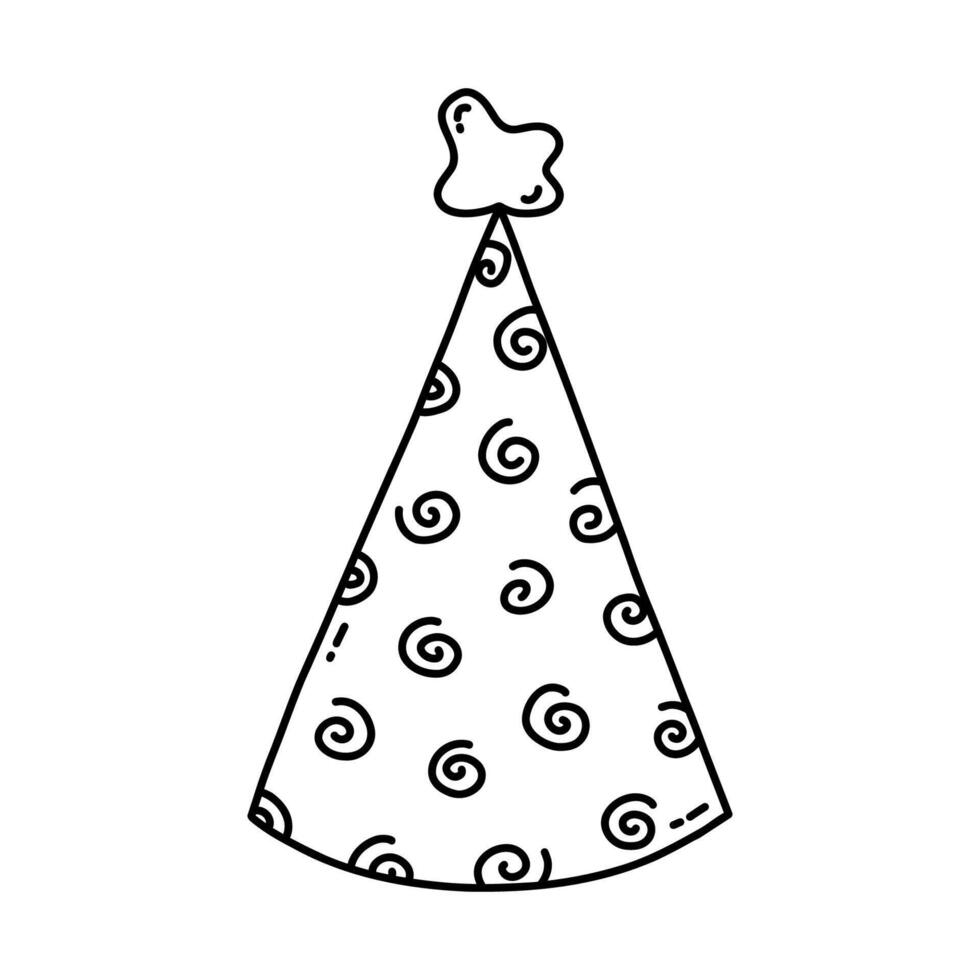 Birthday party hat with pompon above. Sketch of party cone and Christmas cap with cute decoration. Simple vector black doodle with hand drawn outline isolated on white background