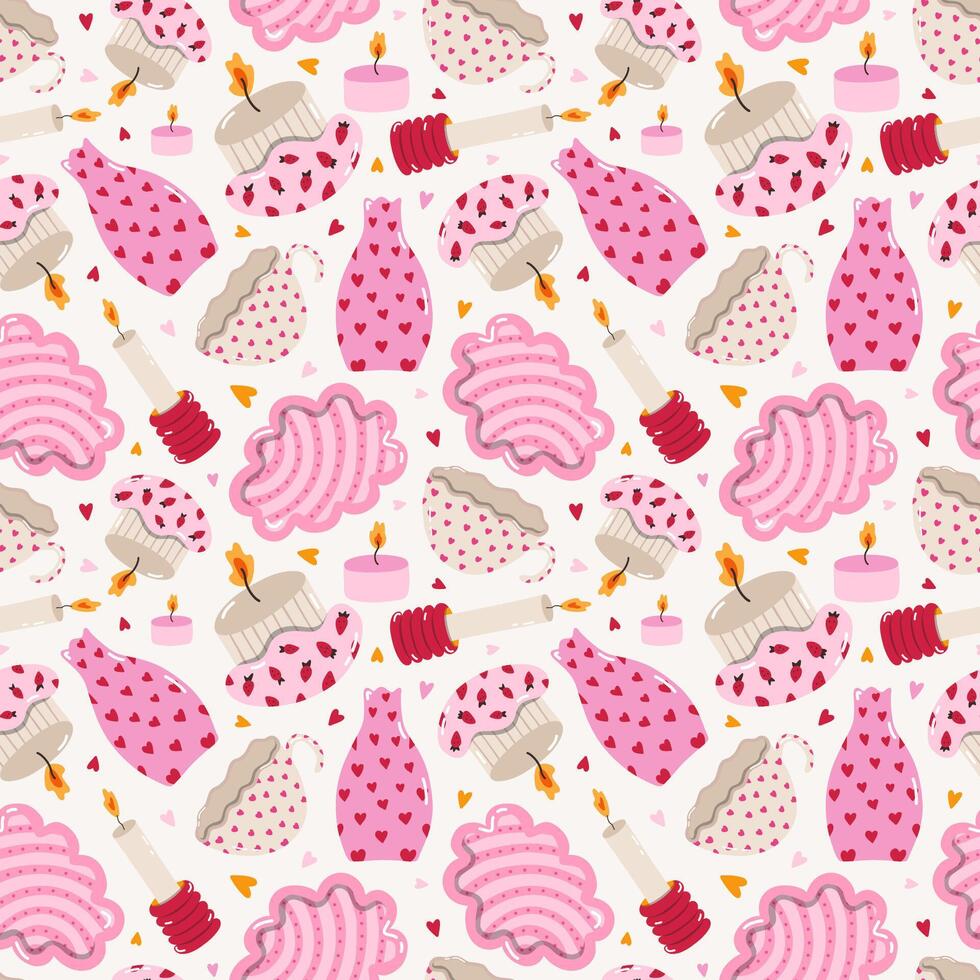 Playful utensil seamless pattern with doodle in bright color. Romantic print with colorful pottery, hand-made ceramics, kitchen tableware, cute cup and plate, funky candlestick. Cool wallpaper print. vector
