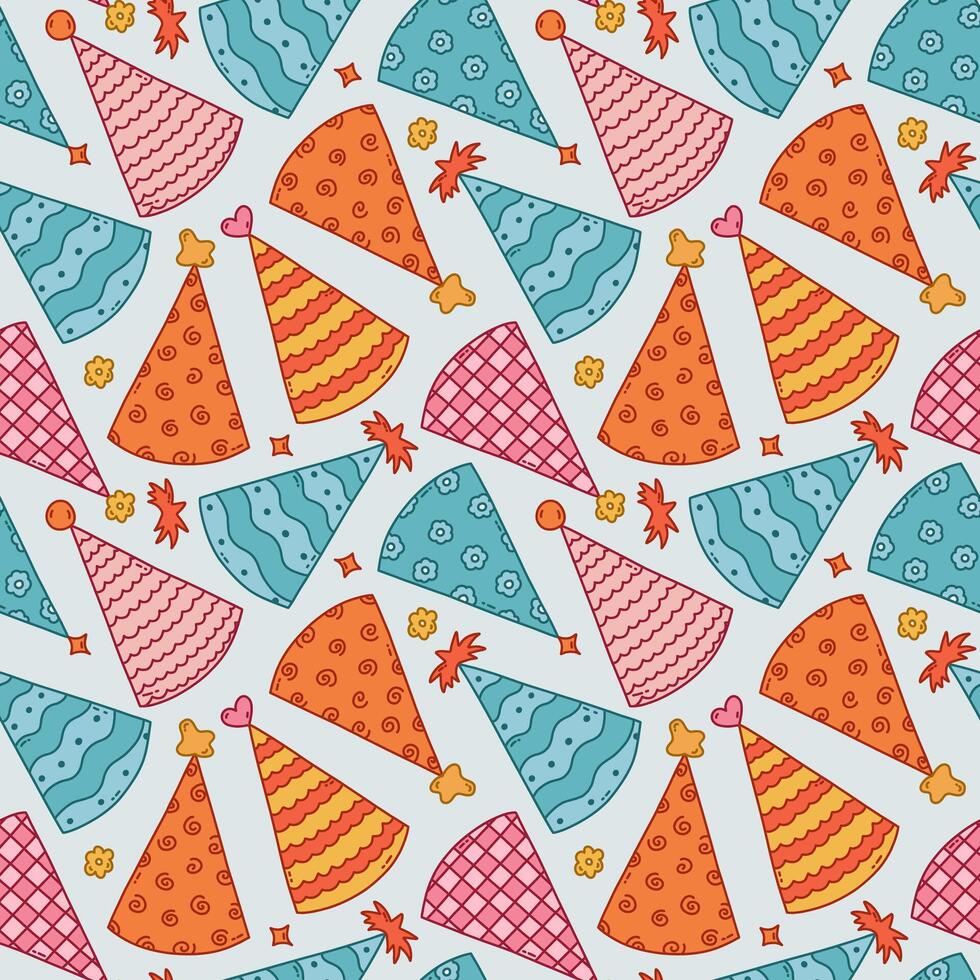 Cute seamless pattern with birthday party hats in groovy style. Childish design with holiday caps for wrapping paper, prints, background, fabric, scrapbook. Bright holiday digital paper for kids. vector