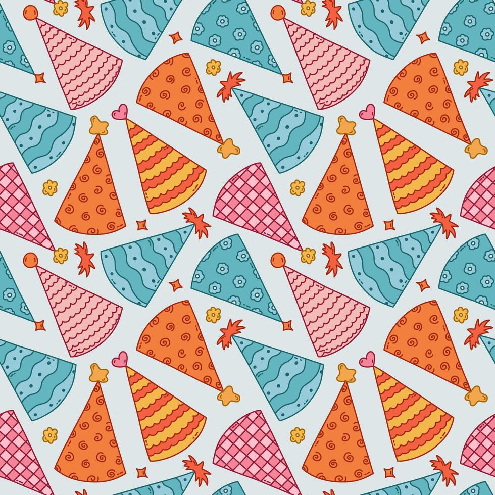 Cute seamless pattern with birthday party hats in groovy style. Childish design with holiday caps for wrapping paper, prints, background, fabric, scrapbook. Bright holiday digital paper for kids. vector