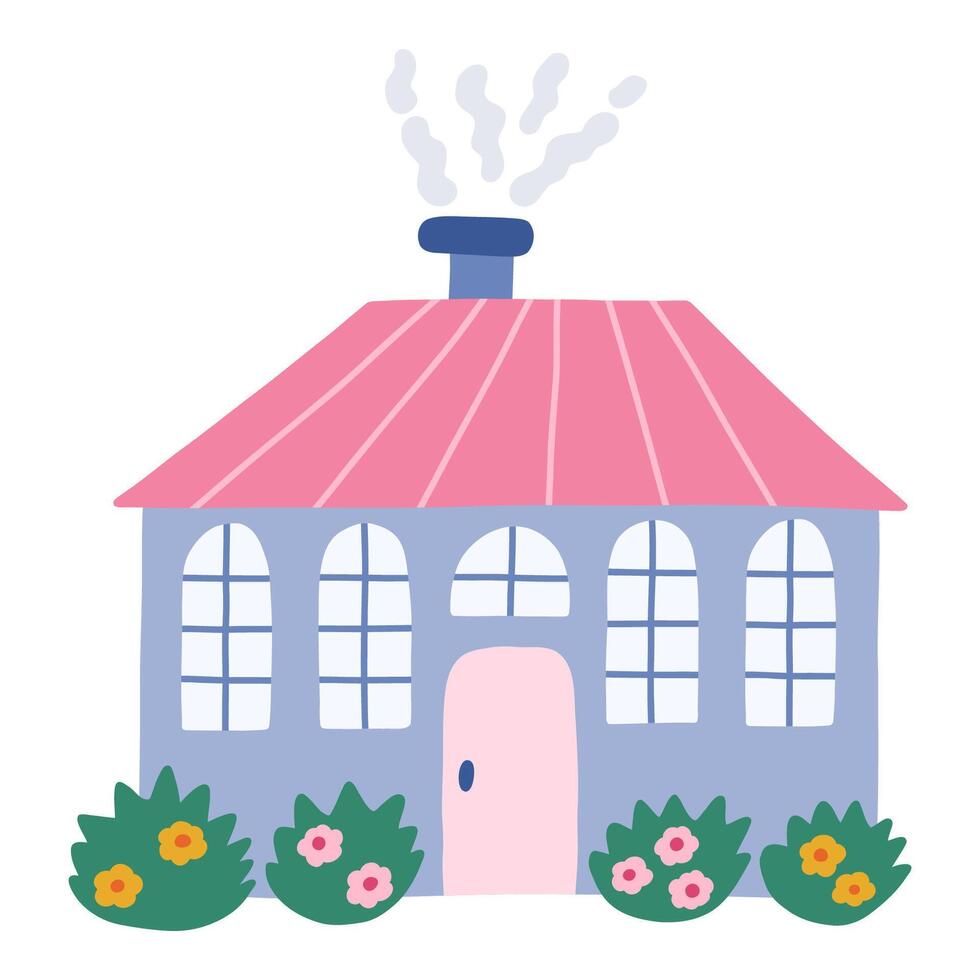 Cute hand drawn country house with door, window, chimney. Cozy village cottage with bushes with flowers for kid's bedroom or nursery design. Exterior of home, village buildings, countryside home vector