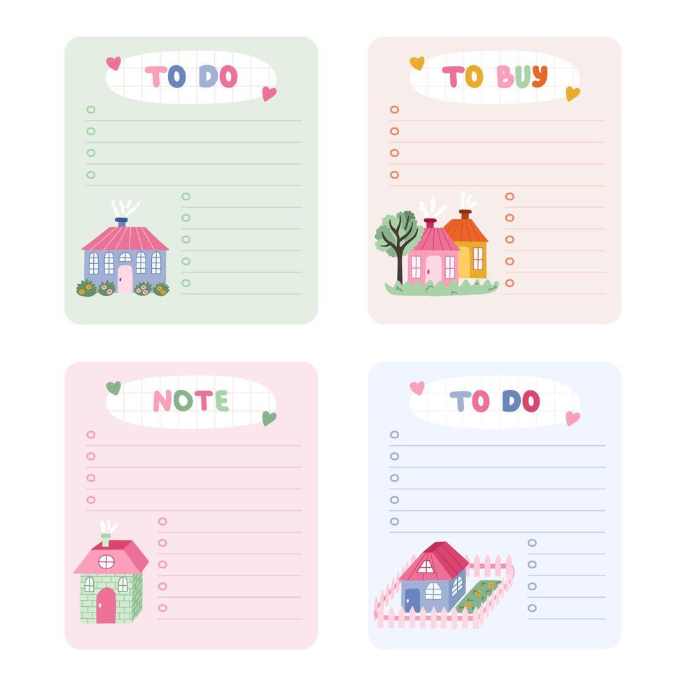Cute scrapbook templates for planner. Notes, to do, to buy and other with colorful drawn clipart of cute little country house. With printable, editable illustrations. For school, university schedule. vector