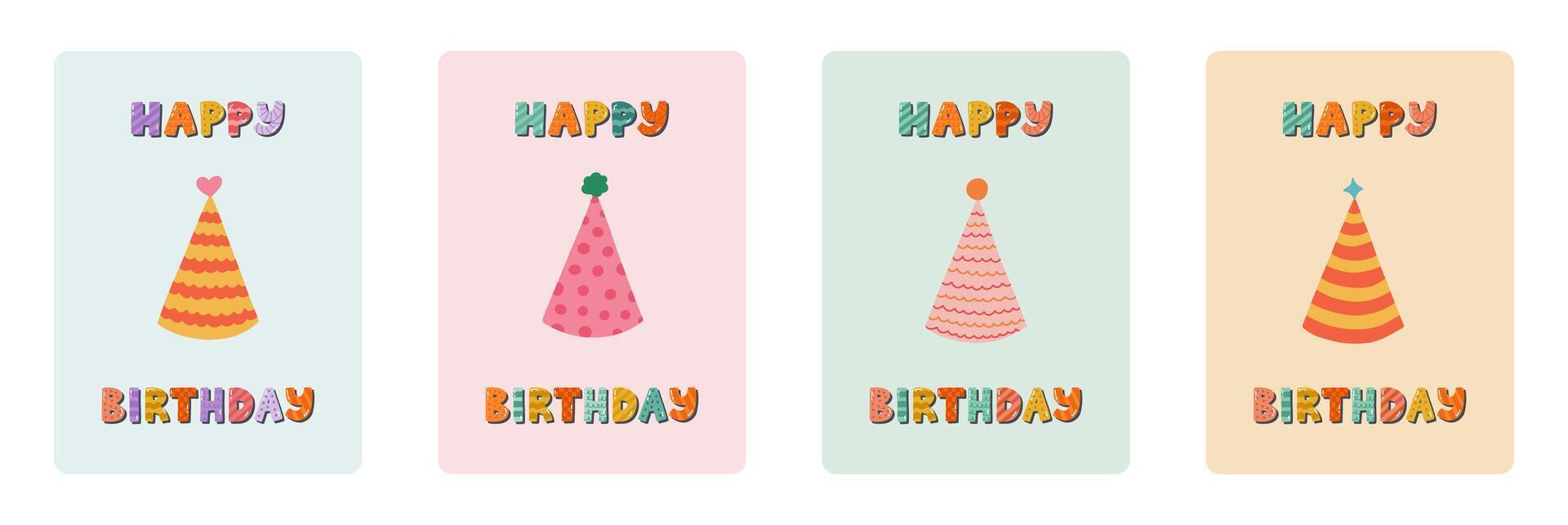 Set of cute postcard for Happy Birthday. Trendy and minimalistic posters with lettering and hand drawn illustration about birthday party, holiday, celebration, anniversary. Greeting card template vector