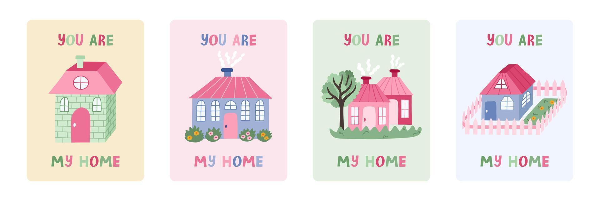 Set of postcard for Happy Birthday, Christmas, Valentine's Day. Trendy and minimalistic posters with lettering and hand drawn cute little country house. Greeting card template for holiday vector