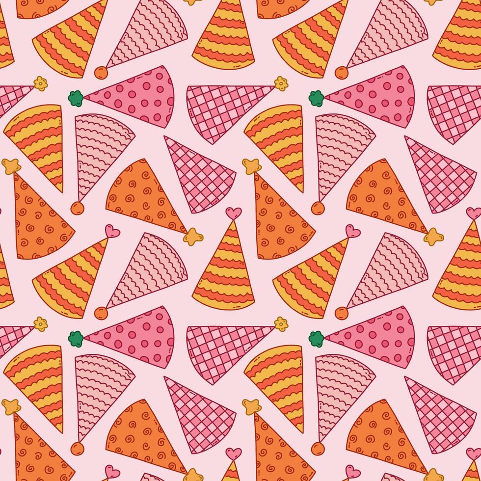 Cute seamless pattern with birthday party hats in groovy style. Childish design with holiday caps for wrapping paper, prints, background, fabric, scrapbook. Bright holiday digital paper for kids. vector