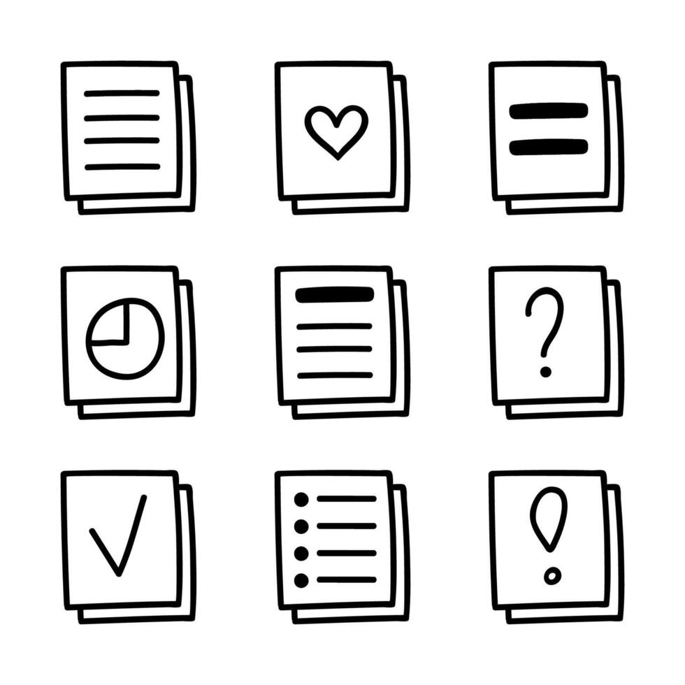 Set of business stickers. Notepad sticky sticker in hipster style with list, information, question mark, exclamation point header. Vector hand drawn doodle with outline. Cute business illustration.