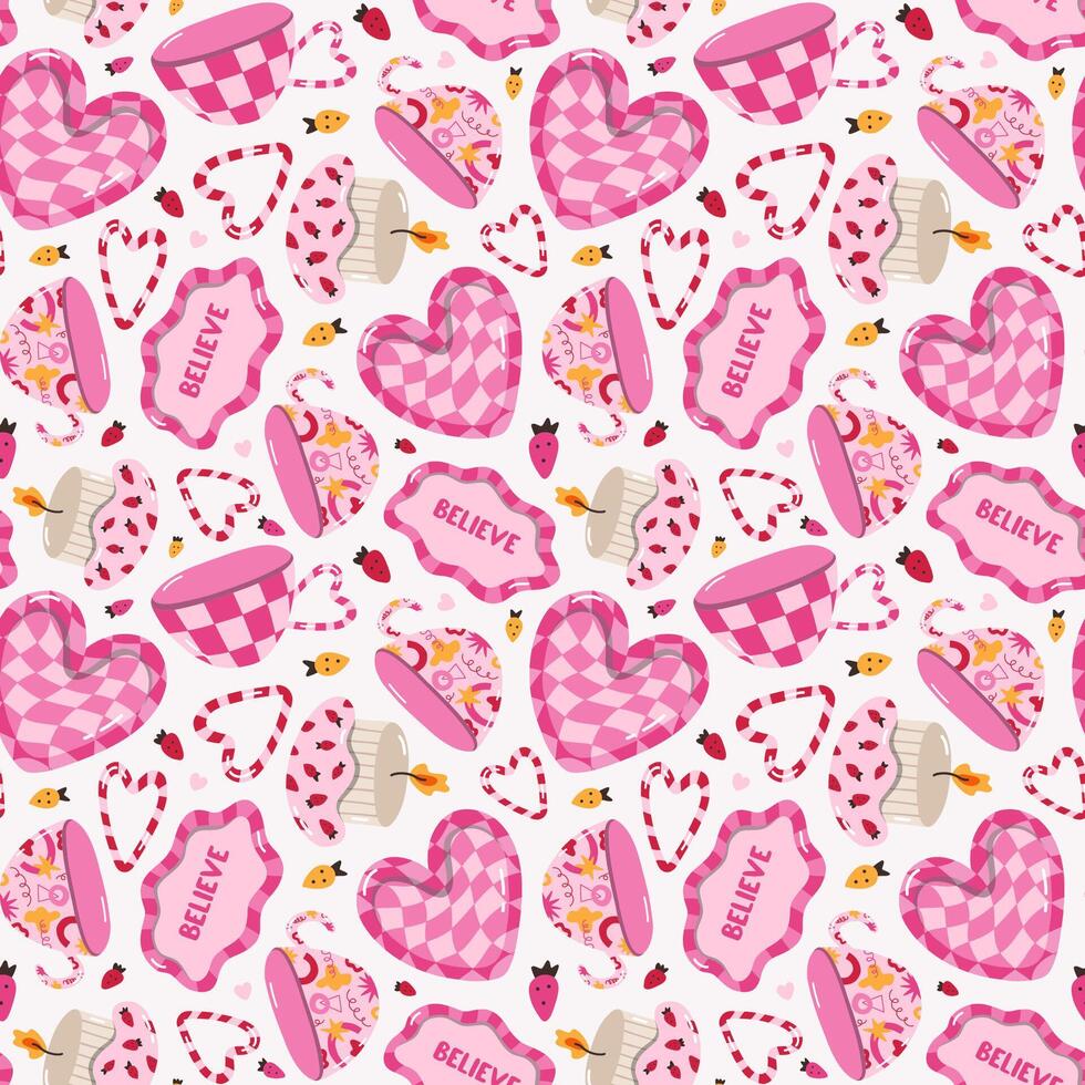 Playful utensil seamless pattern with doodle in bright color. Romantic print with colorful pottery, hand-made ceramics, kitchen tableware, cute cup and plate, funky candlestick. Cool wallpaper print. vector