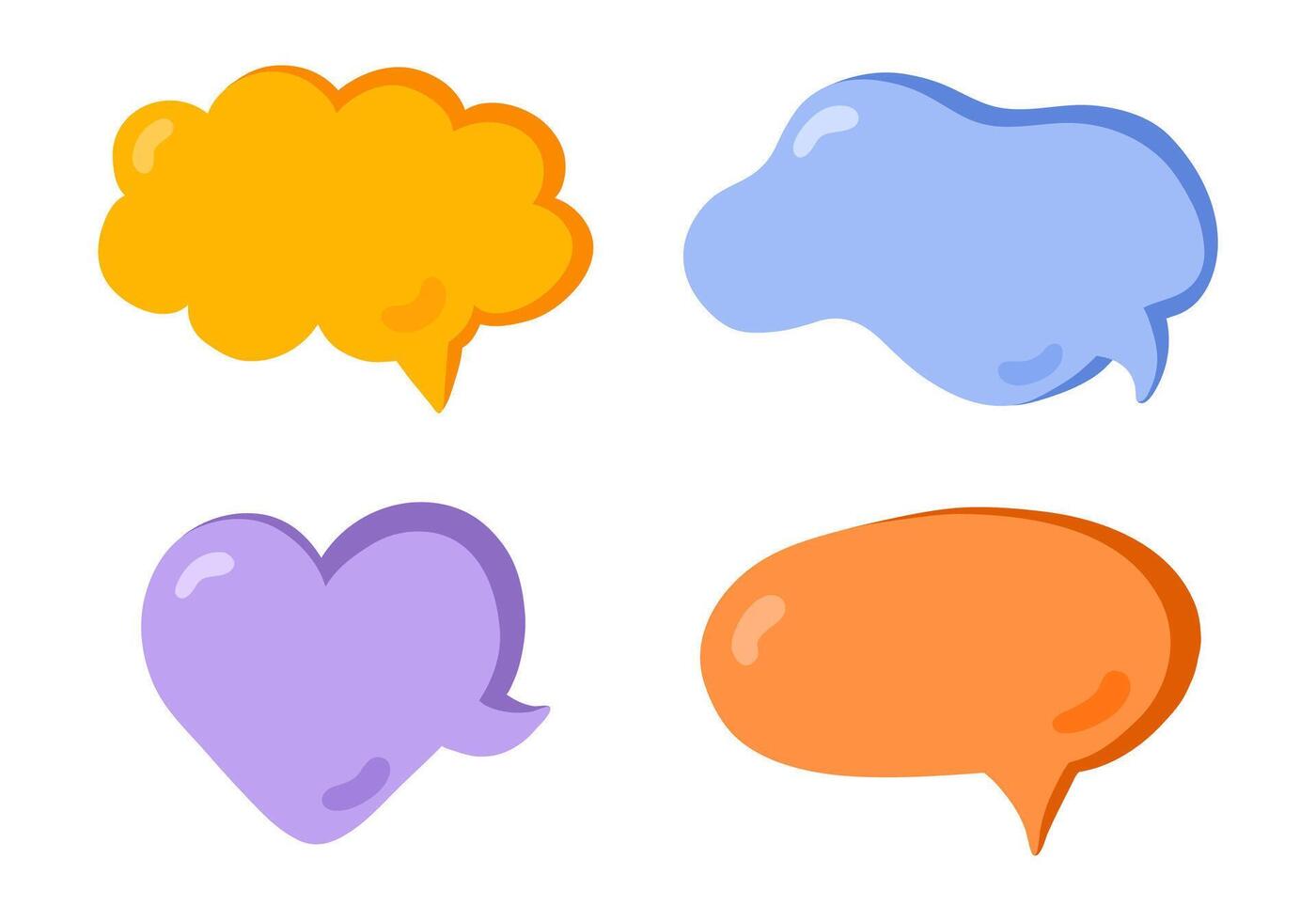 Hand drawn speech bubbles set. Empty online chat clouds in the different shapes. Oval, round, square, cloud, heart shaped bubbles for text, talk phrases, information. Colorful doodles isolated. vector