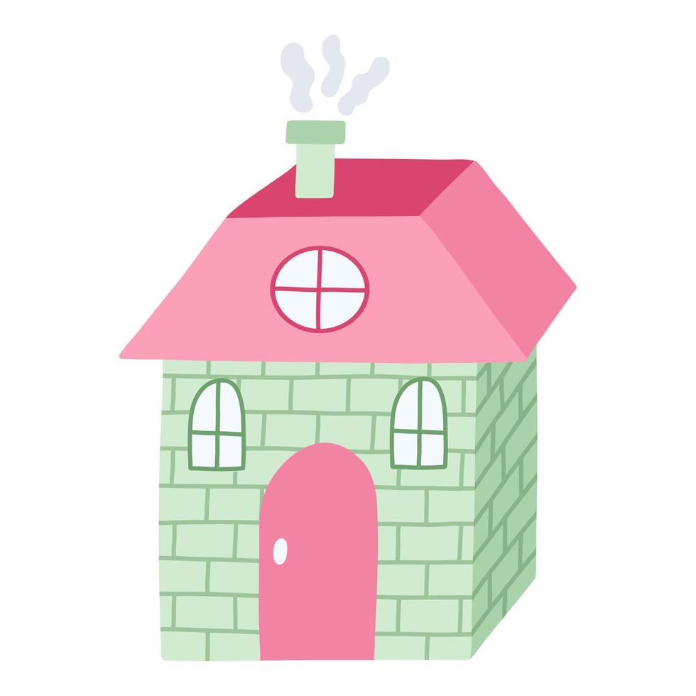 Cute hand drawn country house with door, window, chimney with smoke. Cozy village cottage for kid's bedroom or nursery design. Exterior of home, village buildings, countryside home. Doodle house vector