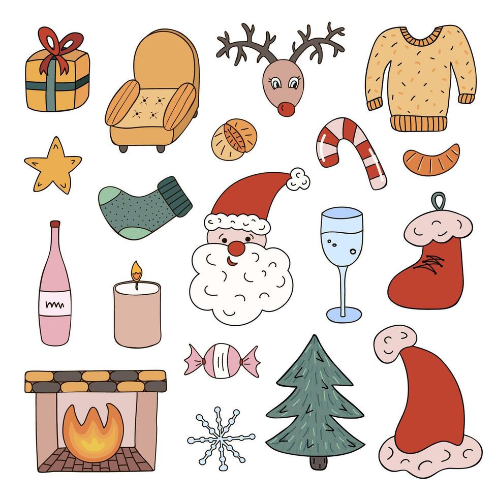 Set of Christmas doodle in flat style. Hand drawn vector illustration with outline. Red christmas, festive gift box, celebration. New Year signs for sticker, planner, scrap element, social media.