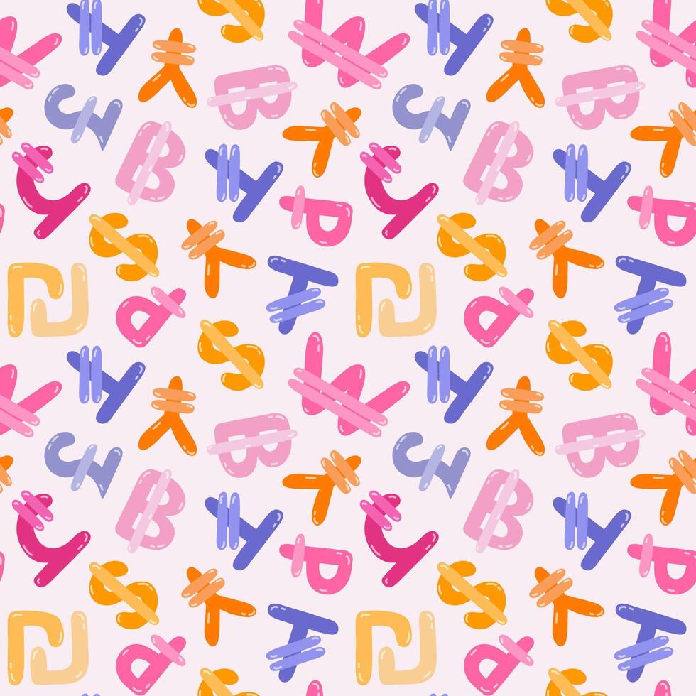 Playful simple seamless pattern with different international currency symbols. Bright background with hand drawn doodle of money signs in naive style for wrapping paper, background, fabric, scrapbook. vector