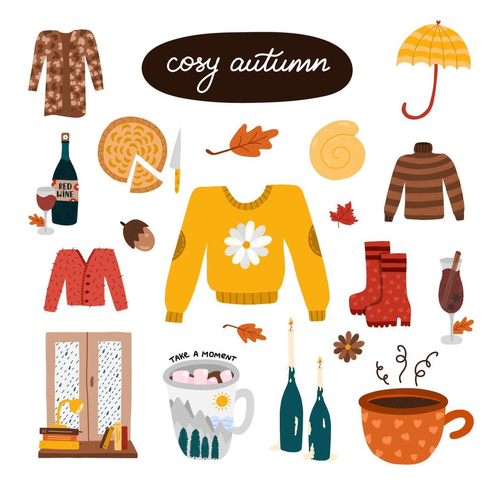 Modern set of cute and cozy illustration with red autumn isolated on background Colorful fall in modern style. Hand drawn vector clipart of seasonal clothes, shoes, food, drinks, home decor.