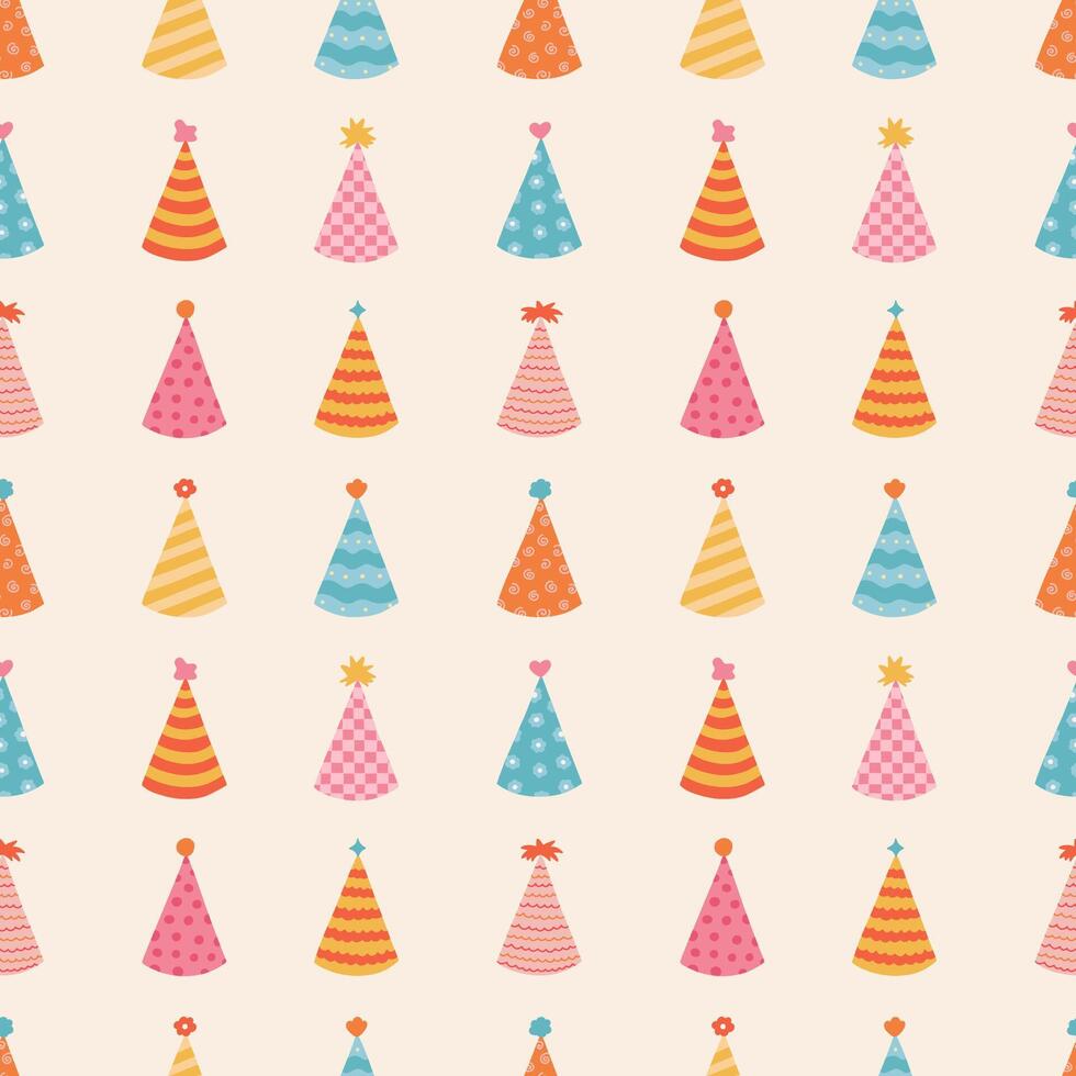 Cute seamless pattern with birthday party hats in groovy style. Childish design with holiday caps for wrapping paper, prints, background, fabric, scrapbook. Bright holiday digital paper for kids. vector