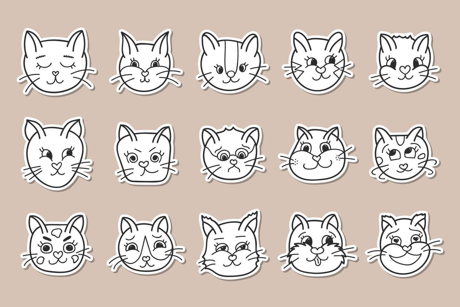 Set of stickers with cute cat faces for planner, notebook. Ready for print list of trendy stickers. Beautiful kitten with different emotions. Sad cat. Smiley face. Funny isolated vector illustration