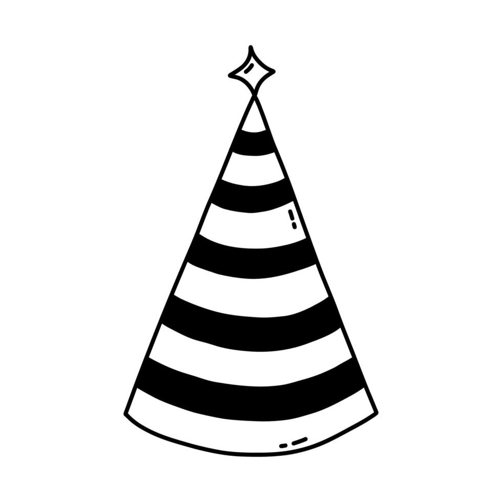 Birthday party hat with star above. Sketch of party cone and Christmas cap with cute decoration. Simple vector black doodle with hand drawn outline isolated on white background