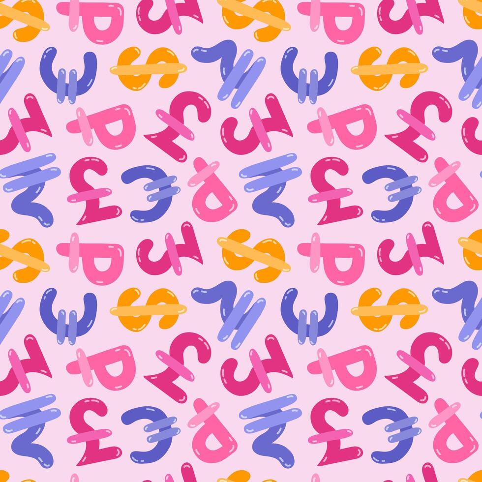 Playful simple seamless pattern with different international currency symbols. Bright background with hand drawn doodle of money signs in naive style for wrapping paper, background, fabric, scrapbook. vector