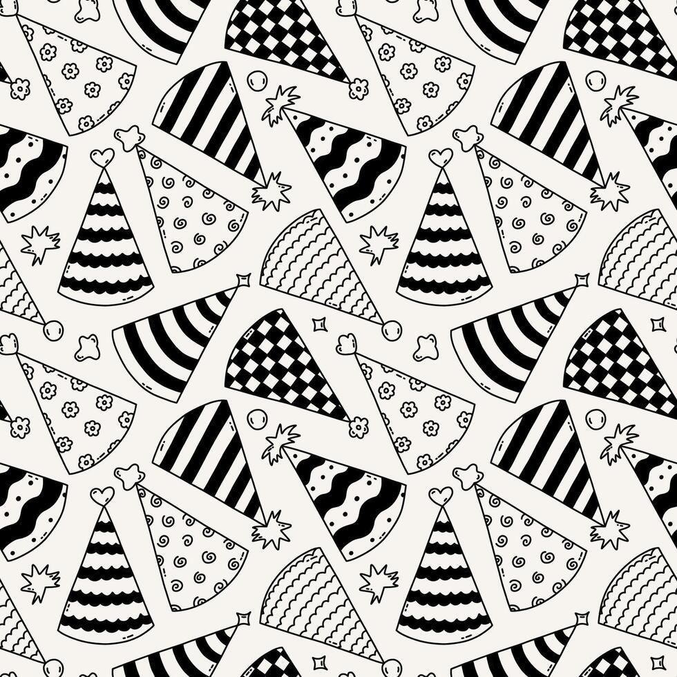 Cute seamless pattern with birthday party hats in doodle outline style. Childish design with holiday caps for wrapping paper, prints, background, fabric, scrapbook. Holiday digital paper for kids. vector